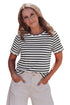 Scalloped Hem Striped Print Short Sleeve Cotton Blend T Shirt