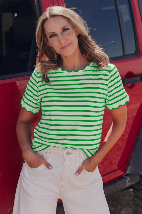 Scalloped Hem Striped Print Short Sleeve Cotton Blend T Shirt
