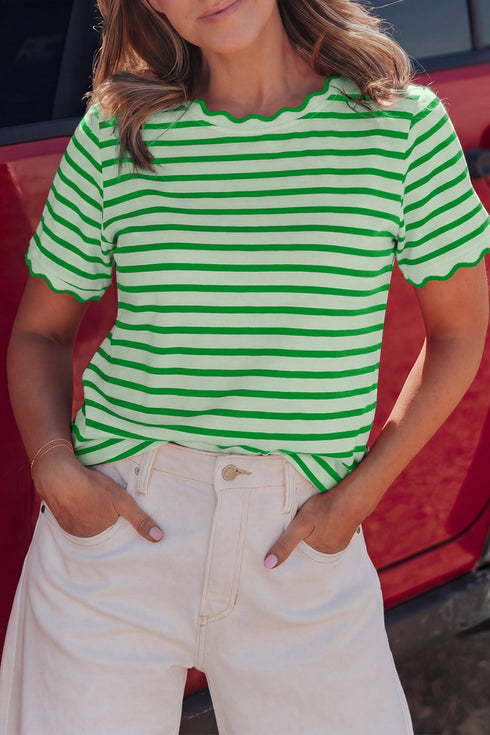 Scalloped Hem Striped Print Short Sleeve Cotton Blend T Shirt