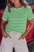 Scalloped Hem Striped Print Short Sleeve Cotton Blend T Shirt