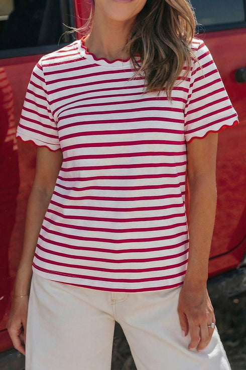 Scalloped Hem Striped Print Short Sleeve Cotton Blend T Shirt