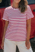 Scalloped Hem Striped Print Short Sleeve Cotton Blend T Shirt