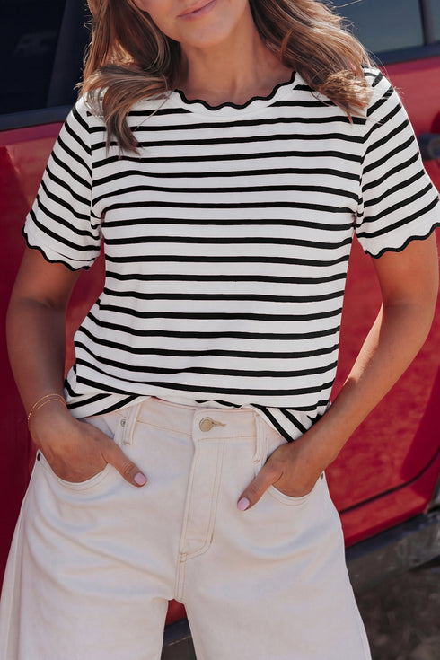 Scalloped Hem Striped Print Short Sleeve Cotton Blend T Shirt