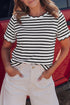 Scalloped Hem Striped Print Short Sleeve Cotton Blend T Shirt