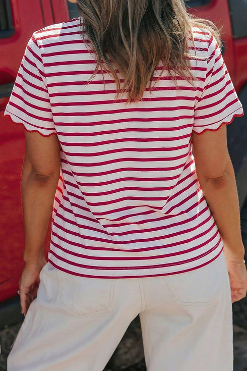 Scalloped Hem Striped Print Short Sleeve Cotton Blend T Shirt