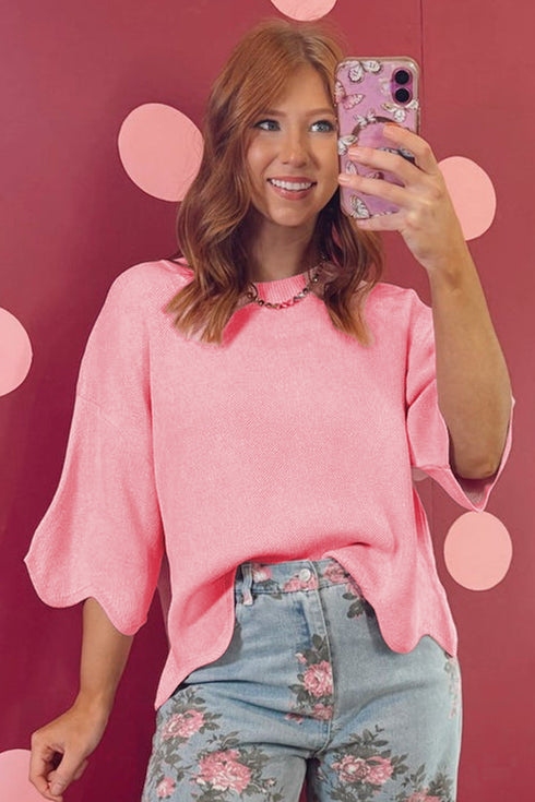 Scalloped Hem Textured Knit Short Sleeve Sweater