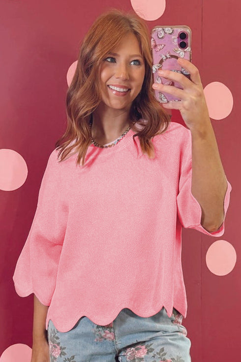 Scalloped Hem Textured Knit Short Sleeve Sweater