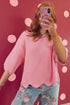 Scalloped Hem Textured Knit Short Sleeve Sweater