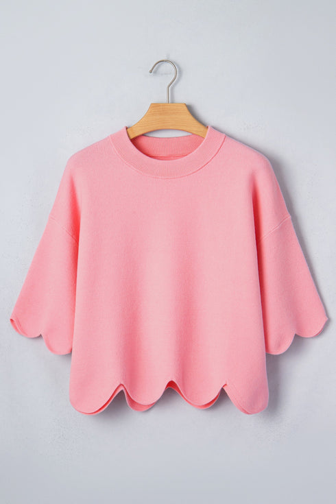 Scalloped Hem Textured Knit Short Sleeve Sweater