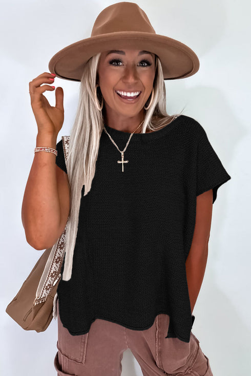 Scalloped Hem Textured Knit Short Sleeve Top