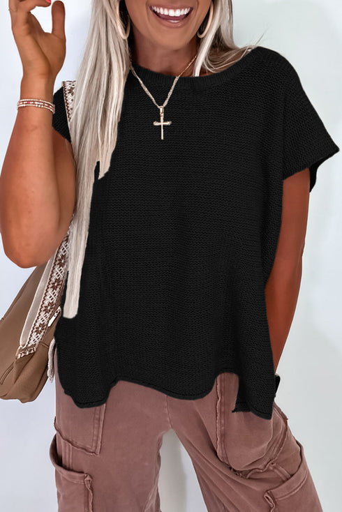 Scalloped Hem Textured Knit Short Sleeve Top