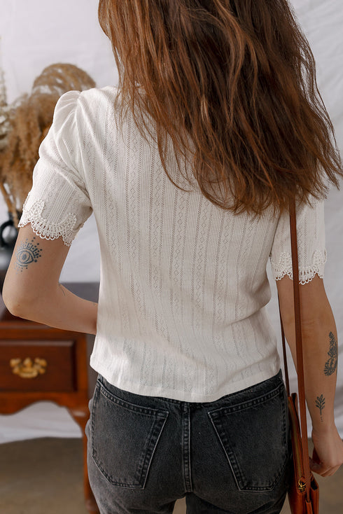 Scalloped Lace Trim Puff Sleeve Pointelle Knit Top