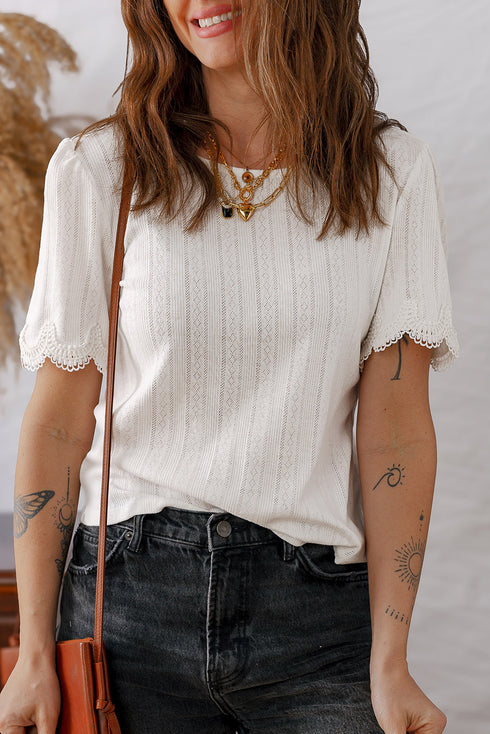 Scalloped Lace Trim Puff Sleeve Pointelle Knit Top