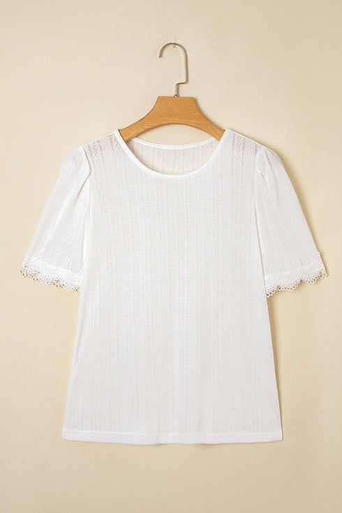 Scalloped Lace Trim Textured Jacquard Short Sleeve Top