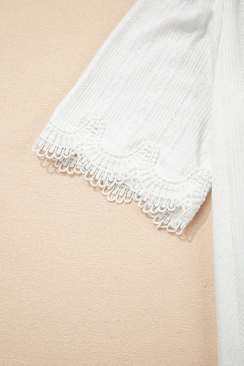 Scalloped Lace Trim Textured Jacquard Short Sleeve Top
