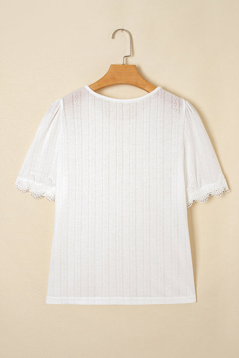 Scalloped Lace Trim Textured Jacquard Short Sleeve Top