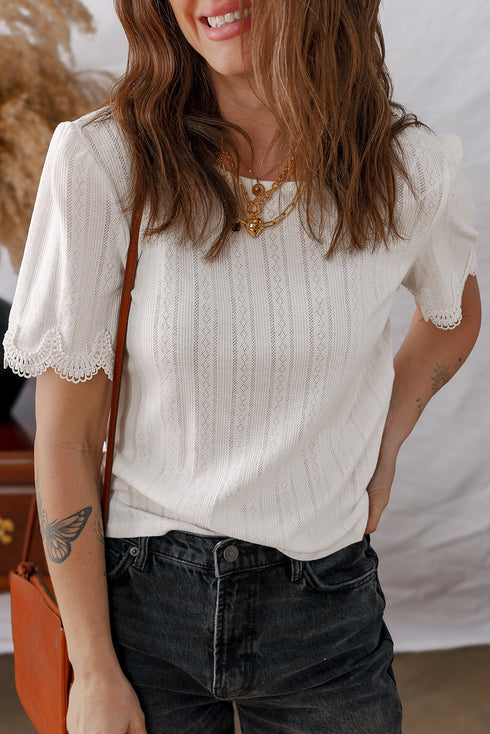 Scalloped Lace Trim Textured Jacquard Short Sleeve Top