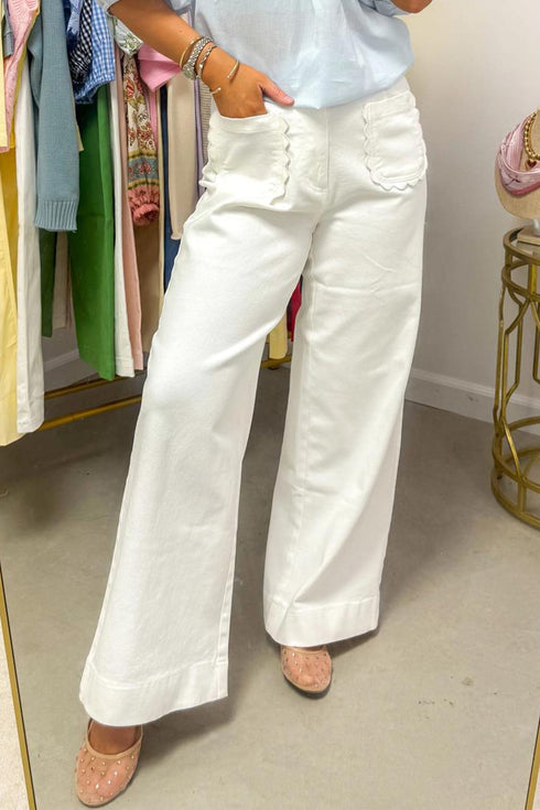 Scalloped Patch Pocket Wide Leg Shift Jeans