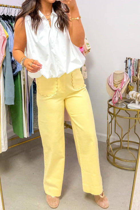 Scalloped Patch Pocket Wide Leg Shift Jeans