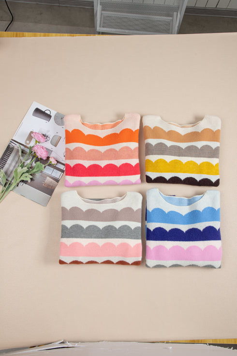 Scalloped Pattern Wide Neck Long Sleeve Sweater