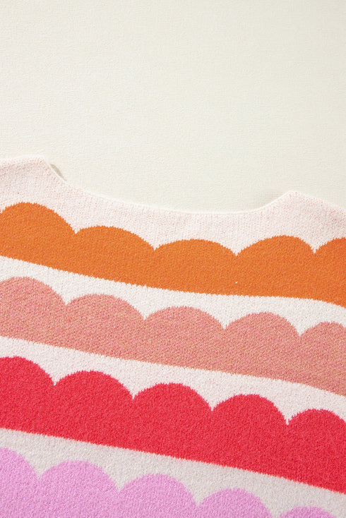 Scalloped Pattern Wide Neck Long Sleeve Sweater