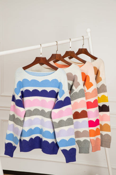 Scalloped Pattern Wide Neck Long Sleeve Sweater