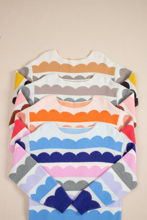 Scalloped Pattern Wide Neck Long Sleeve Sweater