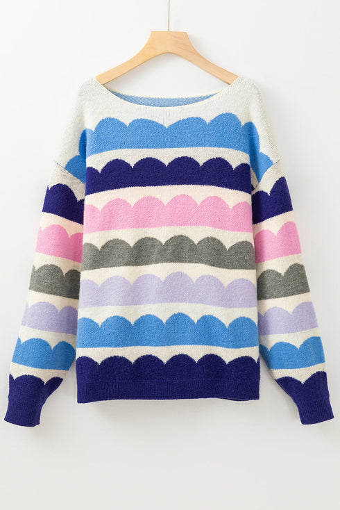 Scalloped Pattern Wide Neck Long Sleeve Sweater