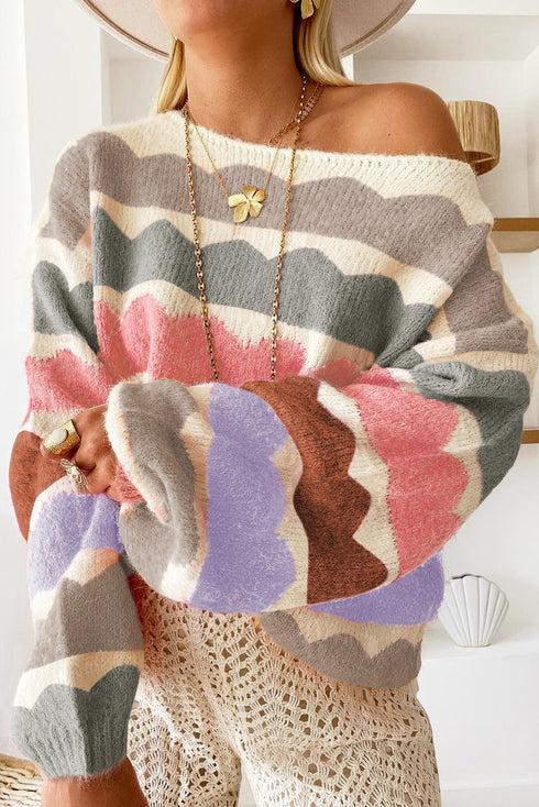 Scalloped Pattern Wide Neck Long Sleeve Sweater