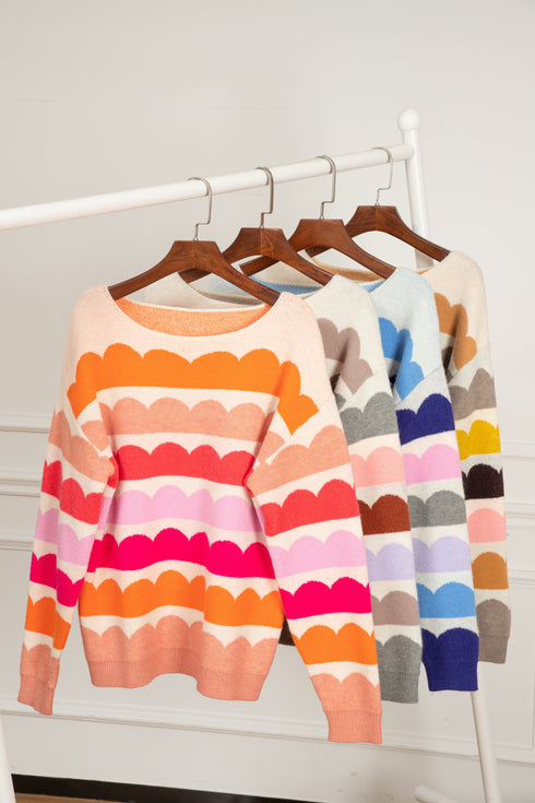Scalloped Pattern Wide Neck Long Sleeve Sweater