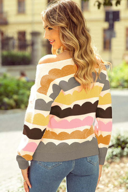 Scalloped Pattern Wide Neck Long Sleeve Sweater