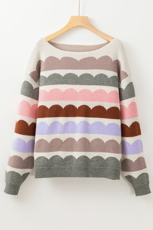 Scalloped Pattern Wide Neck Long Sleeve Sweater