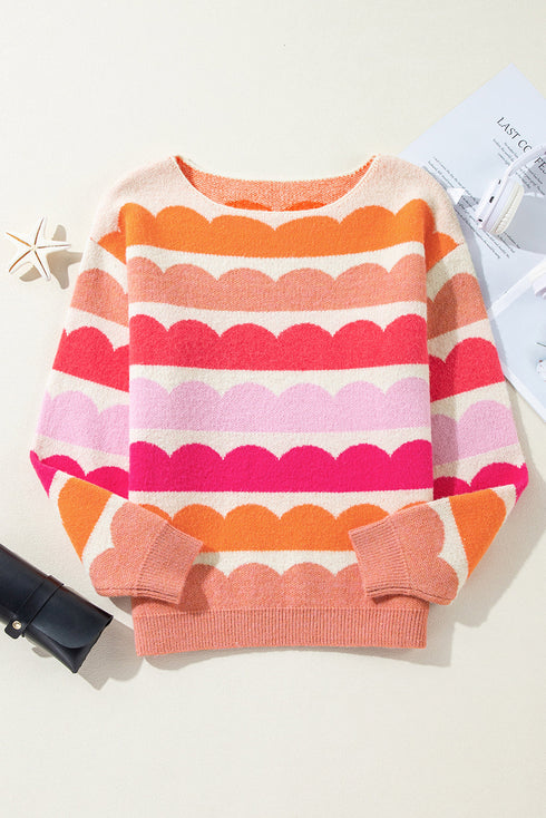 Scalloped Pattern Wide Neck Long Sleeve Sweater