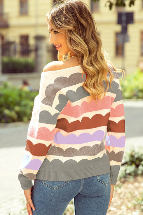 Scalloped Pattern Wide Neck Long Sleeve Sweater