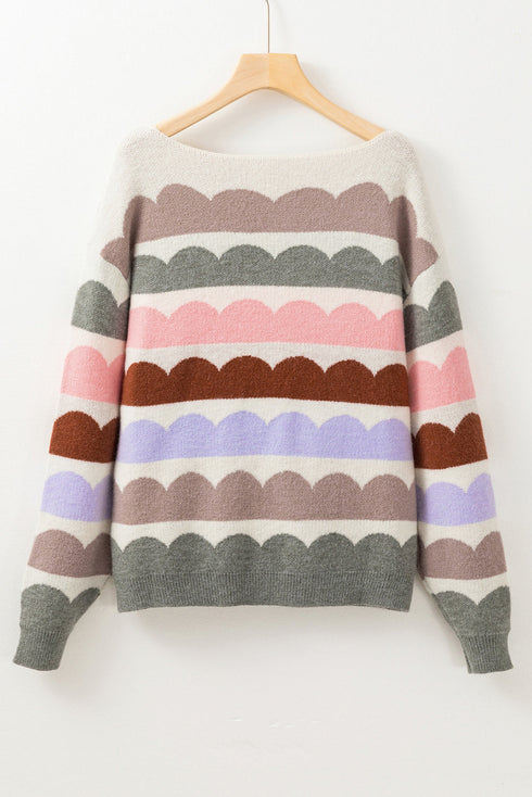Scalloped Pattern Wide Neck Long Sleeve Sweater