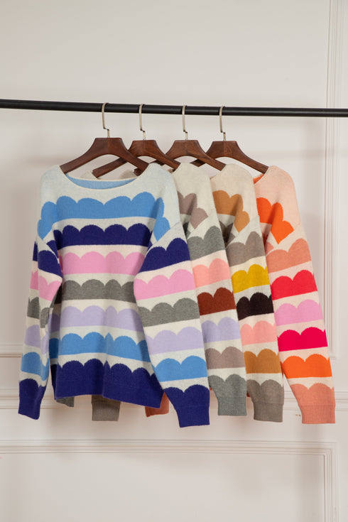 Scalloped Pattern Wide Neck Long Sleeve Sweater