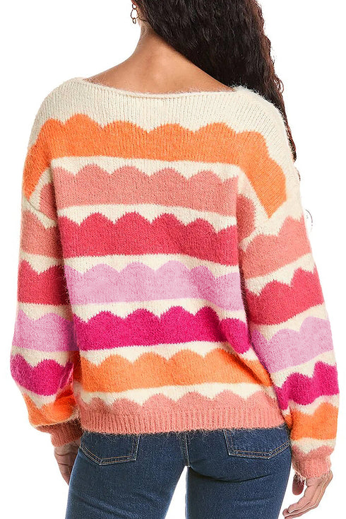 Scalloped Pattern Wide Neck Long Sleeve Sweater