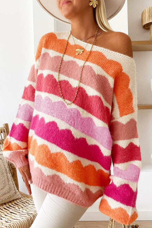 Scalloped Pattern Wide Neck Long Sleeve Sweater