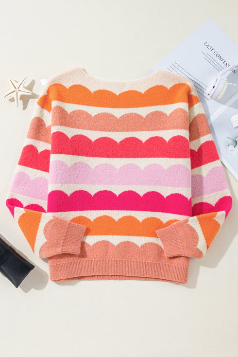 Scalloped Pattern Wide Neck Long Sleeve Sweater