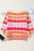 Scalloped Pattern Wide Neck Long Sleeve Sweater