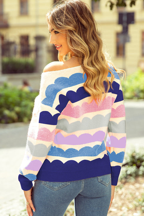 Scalloped Pattern Wide Neck Long Sleeve Sweater