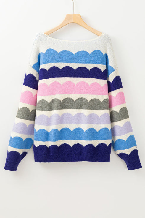 Scalloped Pattern Wide Neck Long Sleeve Sweater