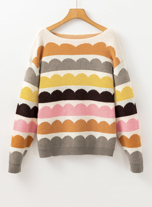 Scalloped Pattern Wide Neck Long Sleeve Sweater