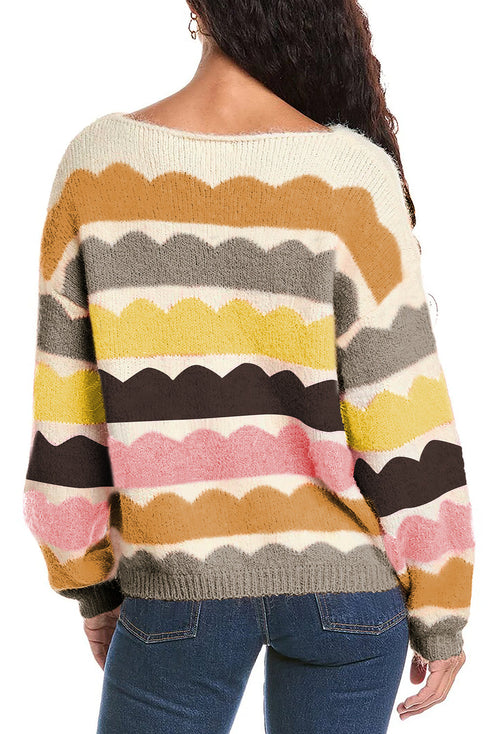 Scalloped Pattern Wide Neck Long Sleeve Sweater