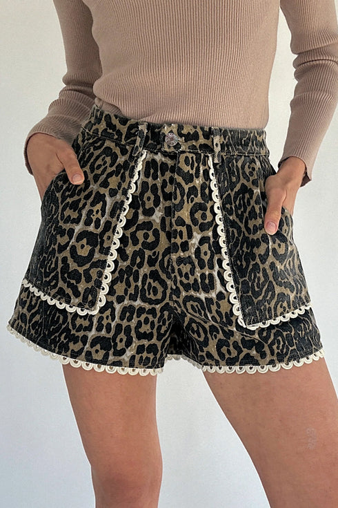 Scalloped Rick Rack Trim Leopard Print Denim Shorts