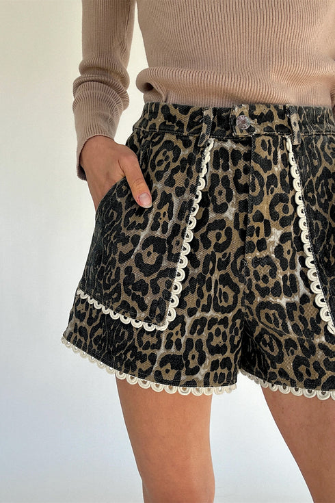 Scalloped Rick Rack Trim Leopard Print Denim Shorts