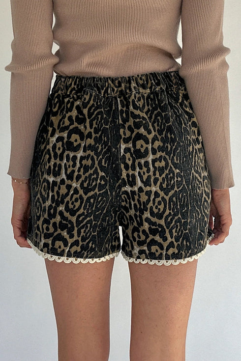 Scalloped Rick Rack Trim Leopard Print Denim Shorts
