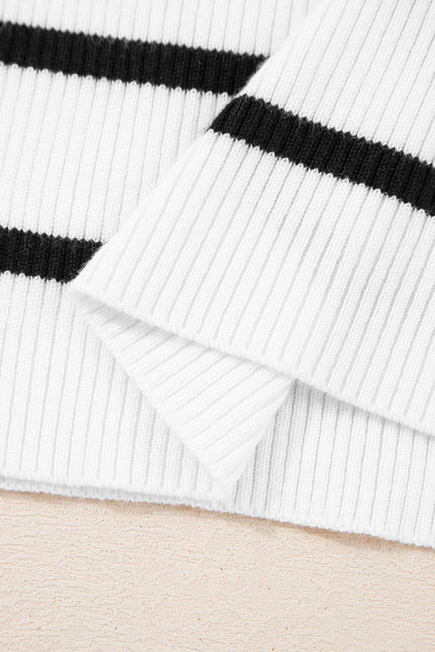 Scalloped Scoop Neck Striped Ribbed Knit Long Sleeve Top