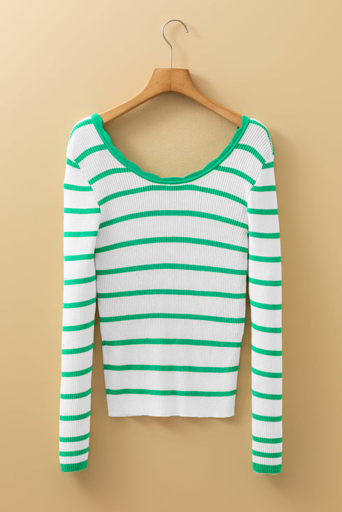 Scalloped Scoop Neck Striped Ribbed Knit Long Sleeve Top