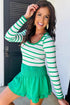 Scalloped Scoop Neck Striped Ribbed Knit Long Sleeve Top